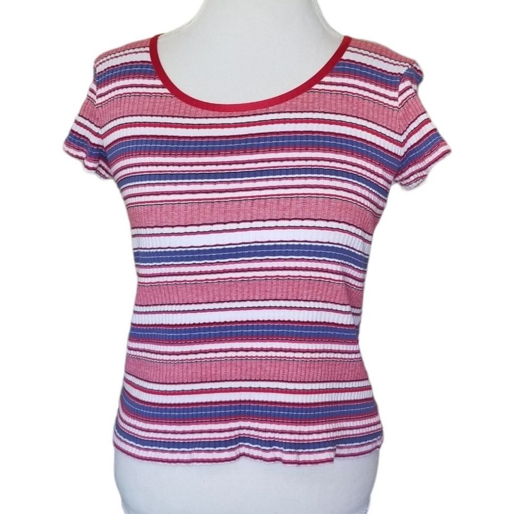 Vintage Y2K Ribbed‎ Red Blue White Striped Shortsleeve Fitted Shirt Large Cotton